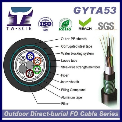 GYTA53 24 コアダブル装甲ダブルシース抗 UV PE ジャケット光ファイバケーブルダクト埋設用